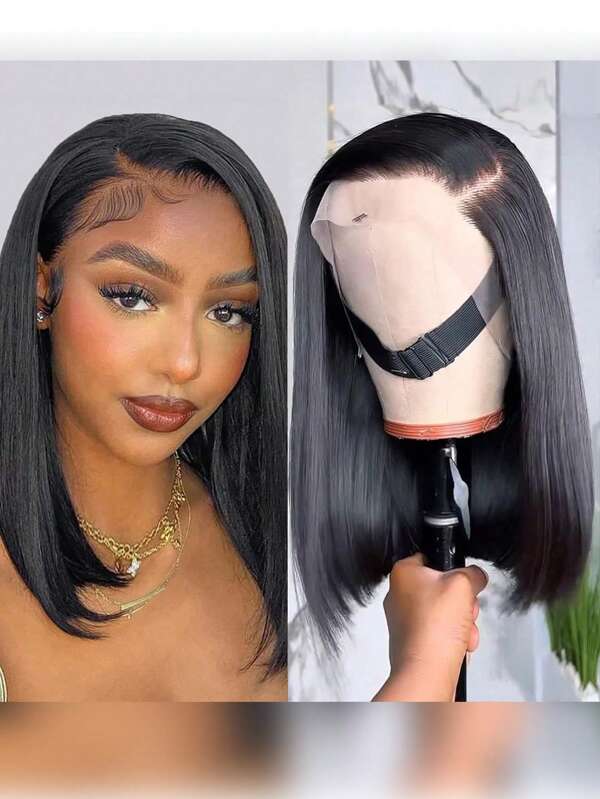 Eulisi Peluca de cabello humano recto de 13x4 pulgadas, estilo bob corto, con una densidad de 180%, cabello humano para mujeres, encaje frontal sin pegamento HD, 60% cabello humano, pre desplumado con cabello suave, línea del cabello natural de 8 a 14 pulgadas