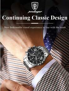 POEDAGAR 时尚男士不锈钢石英表，带日历功能，30米防水，计时小表盘，适合作为生日/节日礼物和日常休闲佩戴。