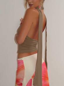 女士夏季系带露背吊带短款上衣，优雅性感，适合派对和休闲场合 - 卡其色 - 查看 5