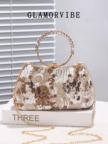 1pc Fashion Embroidered Evening Bag, Paired With Luxury Rhinestone Circle Wrist Strap, Sparkling Clutch With Vintage Elements, Detachable Metal Chain, Suitable For Wedding, Party, Banquet, Ball, Women's Gift, Formal Dress Accessory, Cosmetics Bag - Gold - View 8