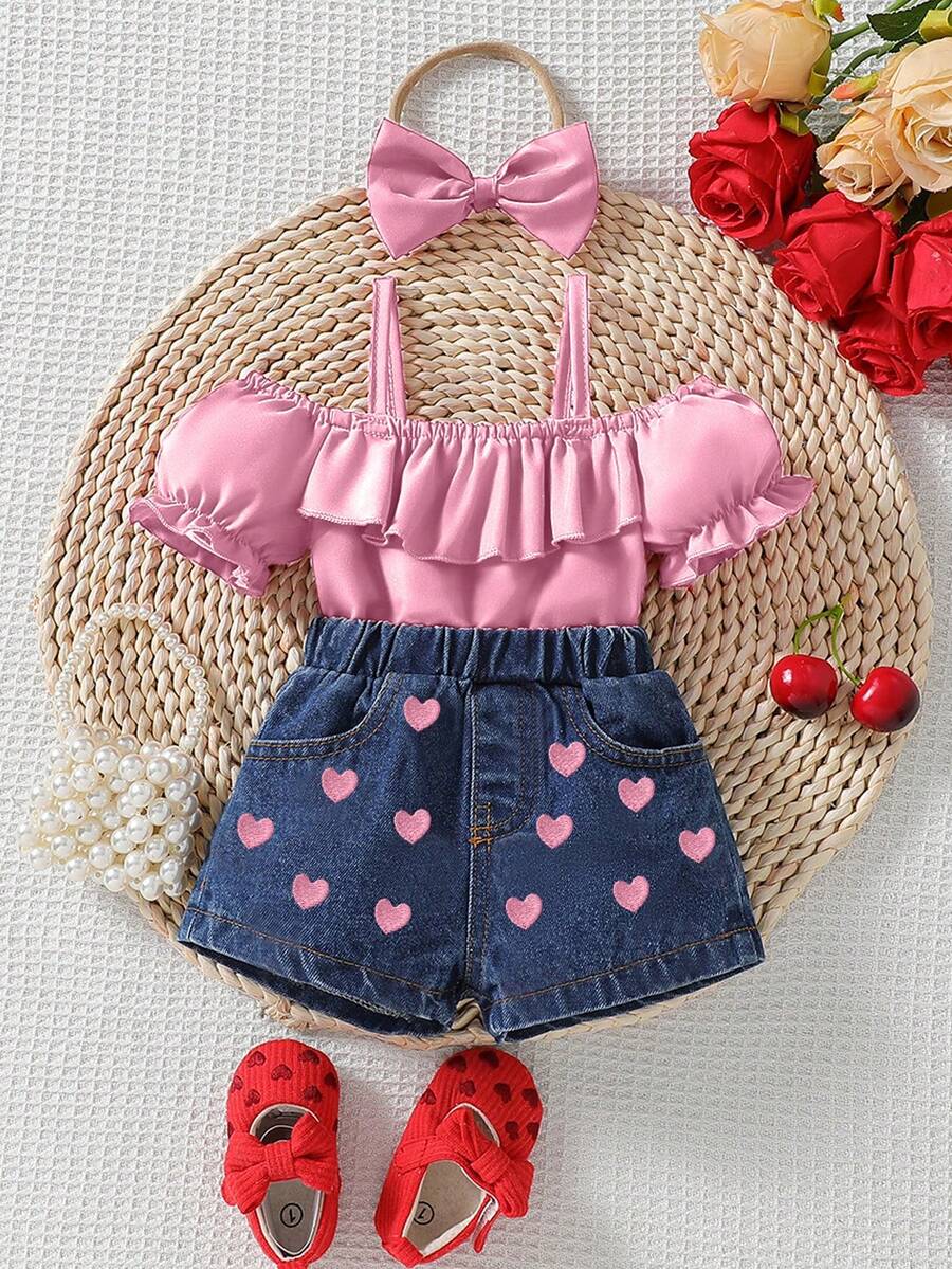 Bộ 2 quần Jeans Denim cho bé gái, trang phục thời trang thường ngày cho bé mới biết đi kèm nơ - Hồng - Xem 1