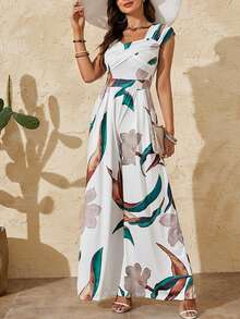 ChicMe Women's Off-Shoulder Botanical Print Jumpsuit, Elegant Wide-Leg Jumpsuit, Suitable For Office, Cocktail Party And Other Occasions Summer - Green - View 6