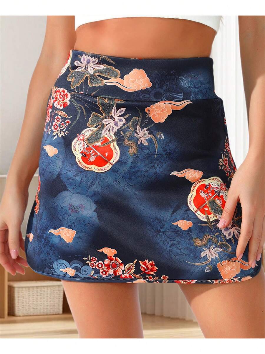 Women Floral Print Yoga Skirts High Waist Lined Shorts Quick-Dry Fitness Workout Skirts Running Tennis Skorts - 深天藍 - 查看 1