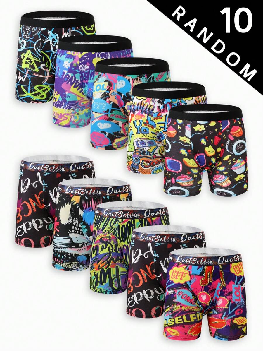 10 Random Pcs Of Men's Multi-Element Long Boxer Briefs, With A Variety Of Game Consoles, Graffiti And Snack Food Prints To Choose From, Fashionable And Colorful Sets,  Comfortable, Not Easy To Deform, A Unique Gift For Him