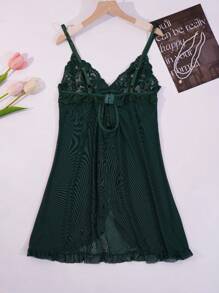 Set de 2 piezas (Ropa, Estampado) Vestido de encaje verde con volantes y escote en V talla grande tamaño y conjunto de lencería sexy con tanga para mujeres en Navidad