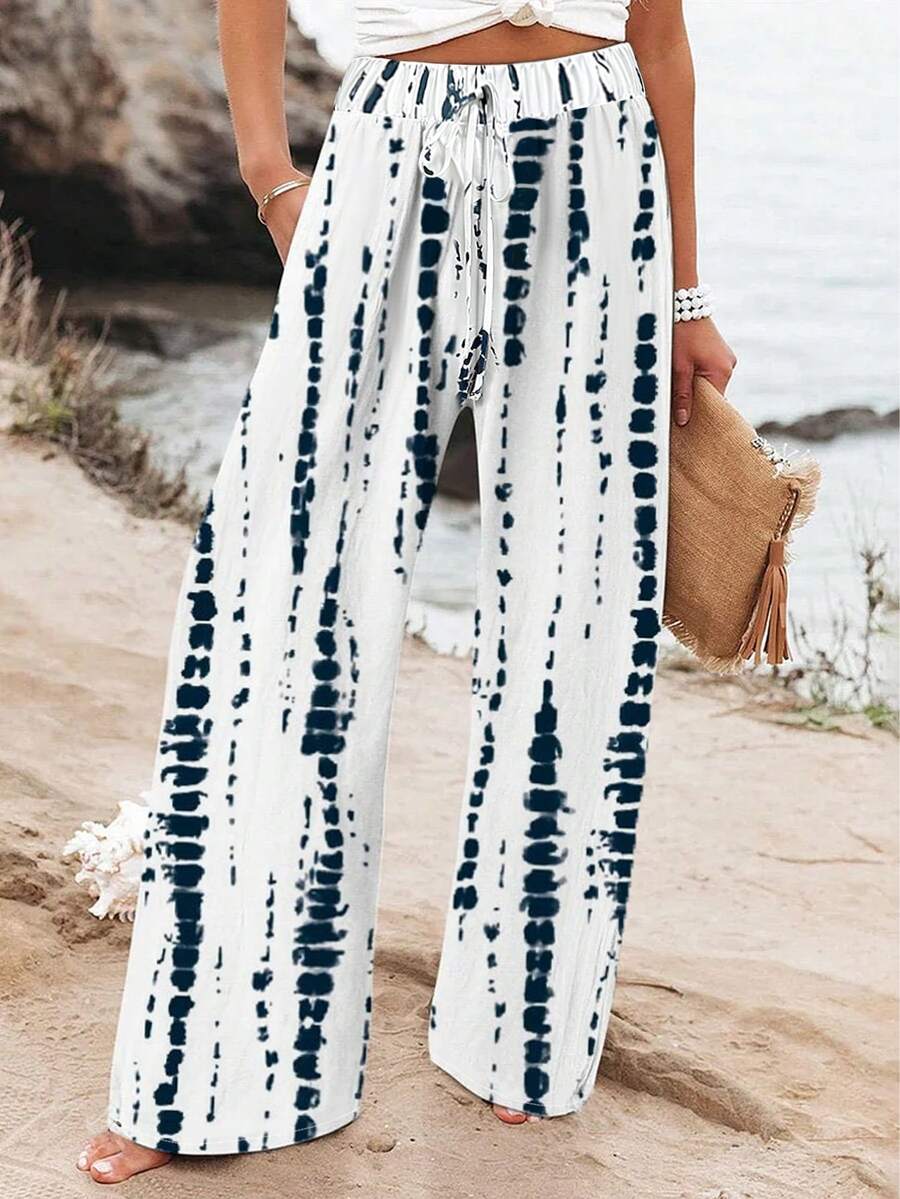 Women Casual Loose Flower Print Long Pants, Spring & Summer Vacation High Waisted Bathing Suit - White - View 1