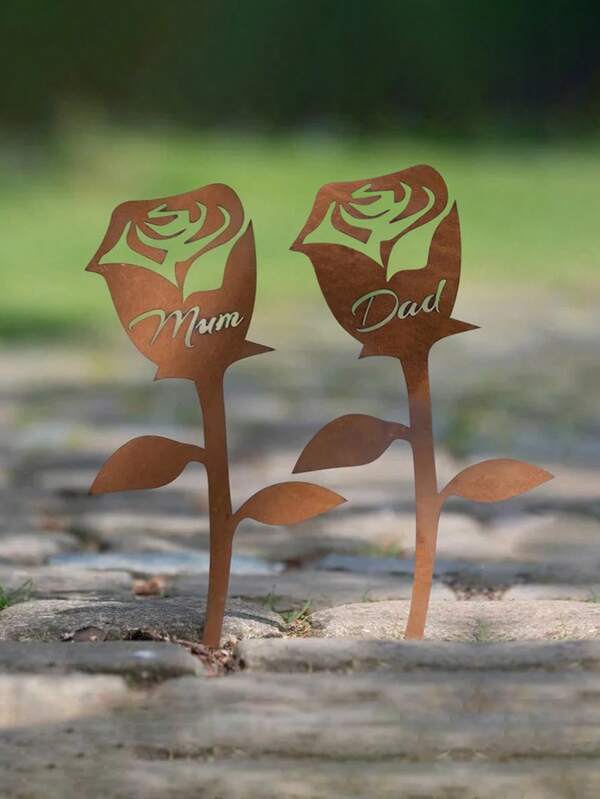 1 peça/2 peças de estacas de metal vintage para jardim, para mamãe/papai - decoração de quintal com rosas de ferro gravadas, marcador de gramado floral estilo fazenda (adequado para o Dia das Mães/Dia dos Pais), placa de ferro rústica