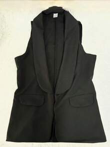 WO Blazer Women's Casual Long Vest With Flap Collar - 黑色 - 查看 1