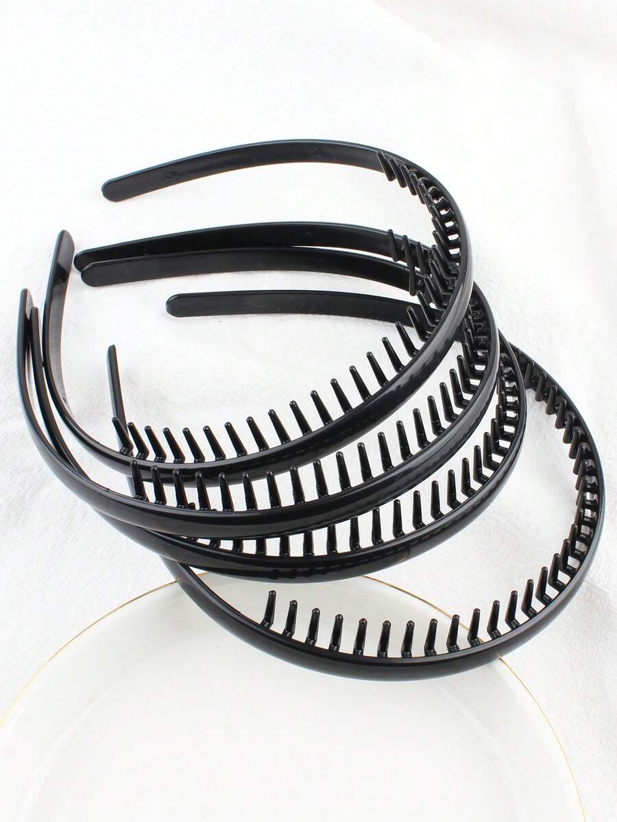 2/3/4件装女士黑色树脂发箍，防滑齿设计，简约黑色发夹，发饰 - 黑色 - 查看 1