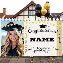 1pc Personalized 2025 Graduation Portrait & Name Custom Party Banner, Polyester Fabric, Graduation Themed Photo Background Suitable For Home, Outdoor, Yard, Classroom, Decor