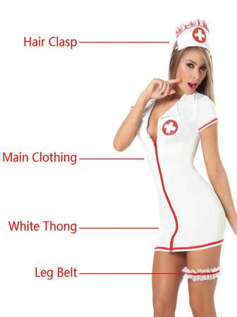 一套欧美风性感医生护士制服套装，角色扮演护士拉链连体衣，性感内衣套装，包括：连体衣、发夹、腿环、内裤，情人节、酒吧夜店、俱乐部角色扮演服装，四季皆宜，万圣节派对礼服