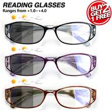 3pcs Set New Photochromic Reading Glasses, Fashion Smart Color Changing Lenses, Floral Print Ultralight Frame, Hollow Design Reading Glasses, Lightweight Women Photochromic Readers For Outdoor Use - Black+Purple+Brown - View 1