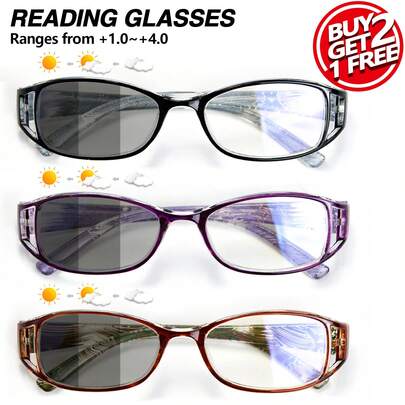 3pcs Set New Photochromic Reading Glasses, Fashion Smart Color Changing Lenses, Floral Print Ultralight Frame, Hollow Design Reading Glasses, Lightweight Women Photochromic Readers For Outdoor Use
