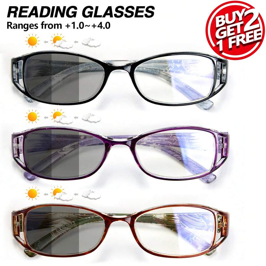 3pcs Set New Photochromic Reading Glasses, Fashion Smart Color Changing Lenses, Floral Print Ultralight Frame, Hollow Design Reading Glasses, Lightweight Women Photochromic Readers For Outdoor Use - Black+Purple+Brown - View 1