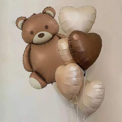 6pcs Matte Little Bear Heart Coffee Caramel Beige Heart Foil Balloon For Birthday Wedding Part Decoration