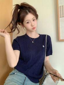Áo len dệt kim cổ tròn thêu họa tiết phong cách Hàn Quốc cho bé gái, áo tay ngắn nhẹ nhàng cho mùa hè, thường ngày, mặc ở nhà, đi làm, trở lại trường - Màu xanh hải quân - Xem 1