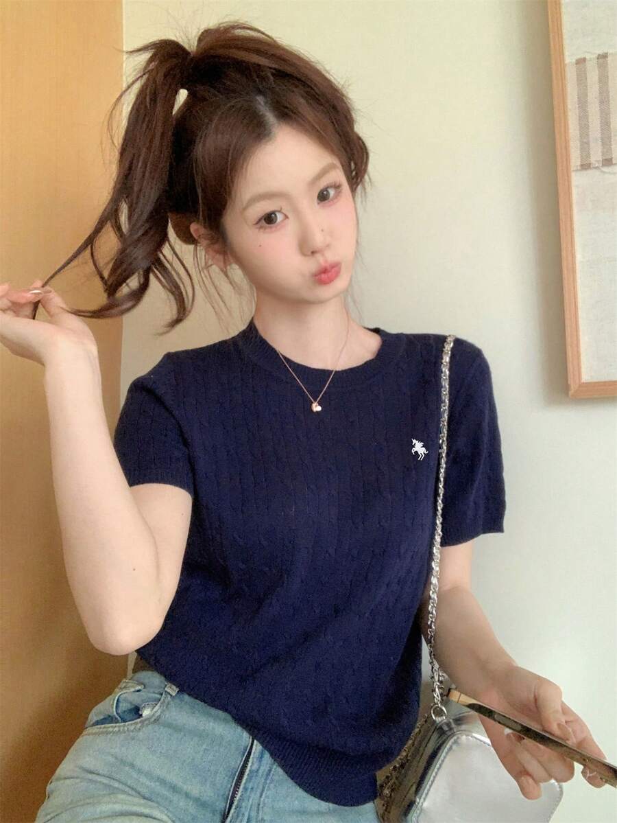 Áo len dệt kim cổ tròn thêu họa tiết phong cách Hàn Quốc cho bé gái, áo tay ngắn nhẹ nhàng cho mùa hè, thường ngày, mặc ở nhà, đi làm, trở lại trường - Màu xanh hải quân - Xem 1