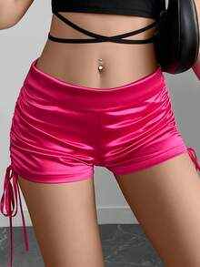 Casual Music Festival Party Sexy Low Waist Elastic Drawstring Solid Color Adjustable Mini Shorts - Hot Pink - View 4