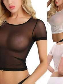 Women Sexy Sheer Mesh See Through Tops, Tee Club Short Sleeve T-Shirt Blouse, Chiffion See Through Top - màu đen - Xem 3