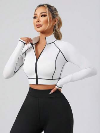 女式拼色拼接运动夹克，短款修身弹力拉链运动夹克，适合跑步、健身、瑜伽