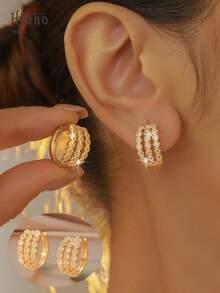 Hihho 1 Pair Fashionable Vintage Multilayer Line Zirconia Embedded Earrings, Classic Triple Row Hollow Women Stud Earrings, Available In Gold And Silver, Suitable For Gifts, Daily Wear And Parties - Earrings - View 7