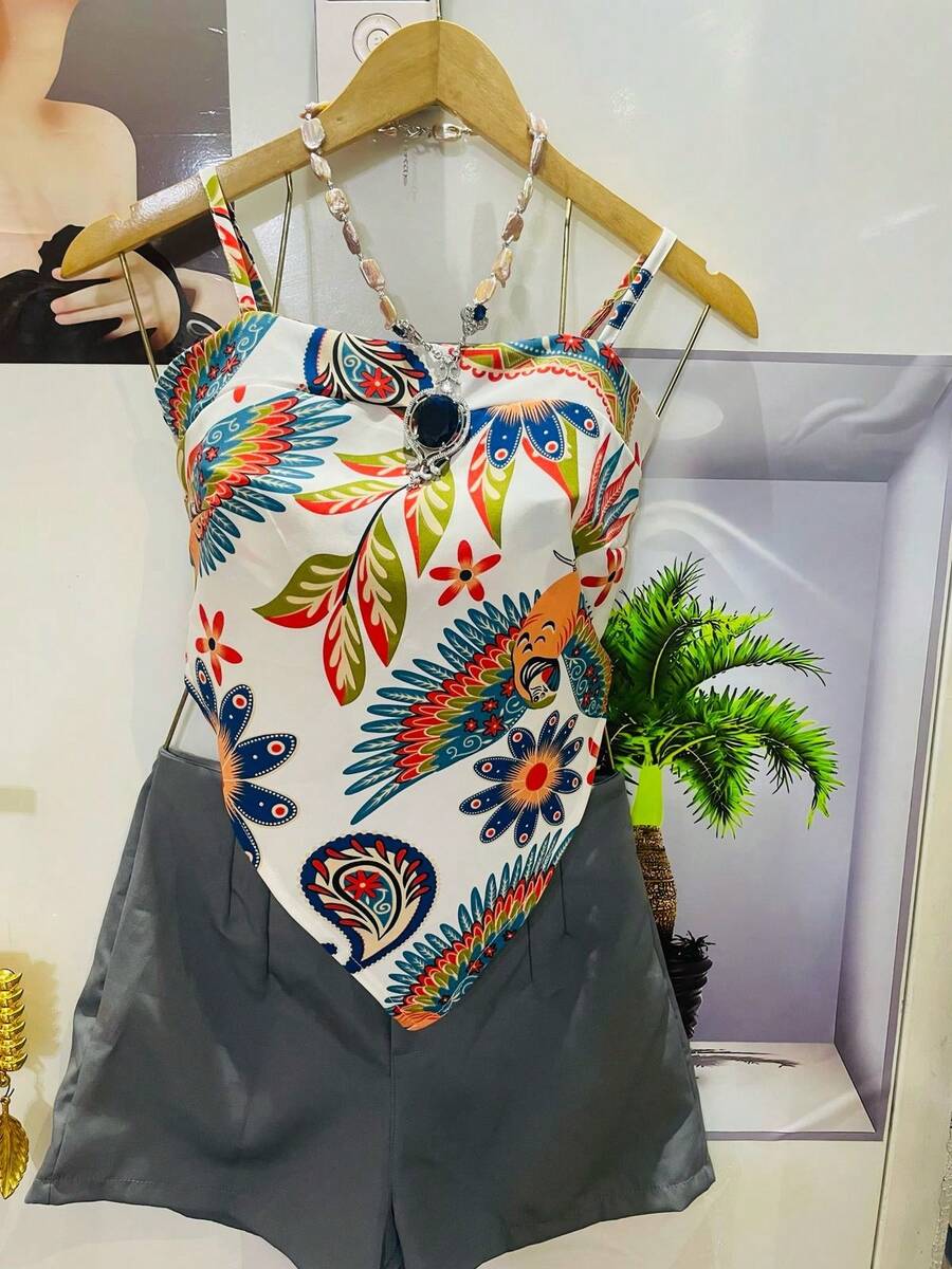 One Size Shirt Set With Tie At The Back And Print, Shorts With Zipper And No Pocket - Gris - Ver 1