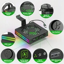 Multifunktions Kühlventilator mit Kühlkörper, Staubabdeckung, Display, RGB-Beleuchtung, Temperaturregelung für Zubehör der Series X Konsole - Inklusive Kopfhörerständer