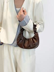 迷你纯色褶皱云朵造型复古手提包，女士休闲托特包，秋冬季 - 咖啡棕 - 查看 3