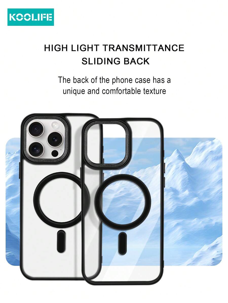 1pc Koolife Skin-Feel Electroplated Transparent Magnetic Case, Rhinestone Texture Ultra-Thin, Skin-Friendly Texture, Anti-Slip Anti-Drop, Independent Buttons, PC+TPU Compatible With Apple 12/12 Pro/12 ProMax/13/13 Pro/13 ProMax/14/14 Plus/14 Pro/14 ProMax/15/15 Pro/15 Plus/15 ProMax/16 Pro/16 Plus/16e/16 ProMax Waterproof Shockproof Scratch Resistant - Black - View 1