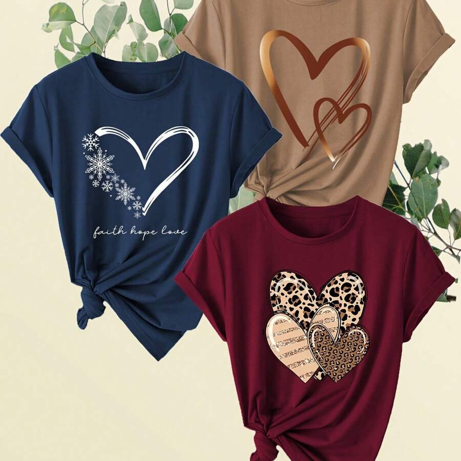 3 pièces T-shirt à manches courtes avec motif cœur imprimé, Top de sport décontracté à encolure ras-du-cou pour femmes, pull de base pour dames, printemps été