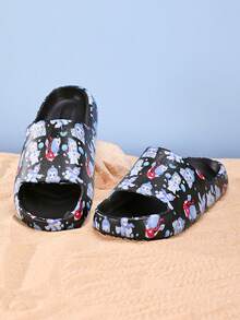 Fashionable Colorful Print Youth Slippers, Anti-Slip Wear-Resistant Soft Indoor Slippers For Boys & Girls - Black - View 1