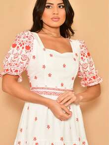 Helena Crepe Printed Midi Dress With Short Sleeves - Red - View 3