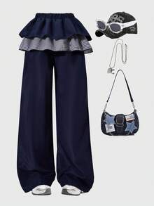 Lurzo Girls' Fashion Casual 2-In-1 Double Layer Loose Wide Leg Pants, Plaid Contrast Color Hem Design, Suitable For Spring, Summer, Autumn, Outdoor Leisure, Daily Wear, And A Great Gift For Friends And Family - Navy Blue - View 1