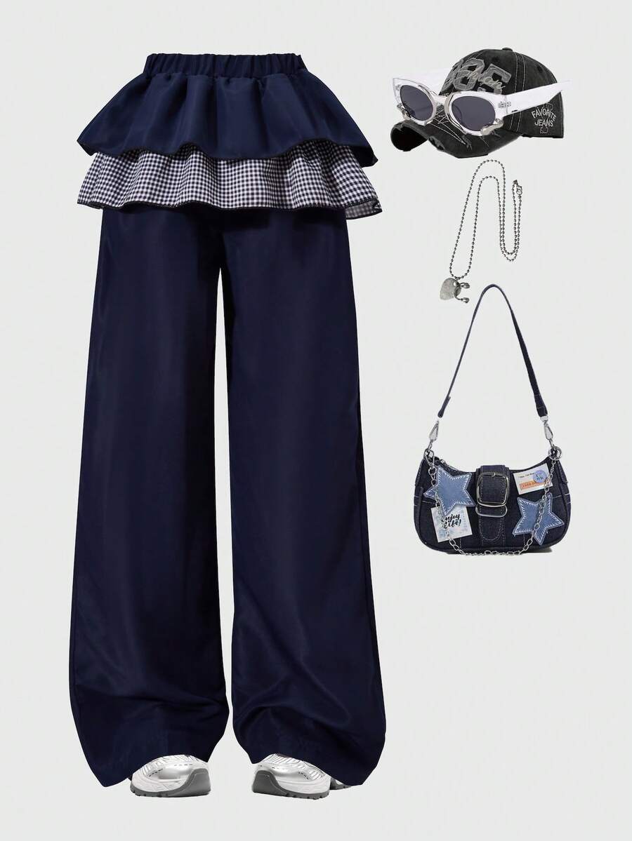 Lurzo Girls' Fashion Casual 2-In-1 Double Layer Loose Wide Leg Pants, Plaid Contrast Color Hem Design, Suitable For Spring, Summer, Autumn, Outdoor Leisure, Daily Wear, And A Great Gift For Friends And Family - Navy Blue - View 1