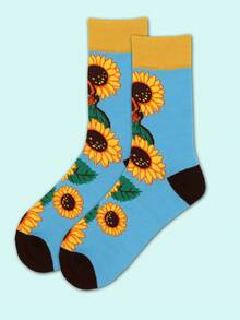 1 Pair Women's Sunflower Pattern Mid-Calf Socks, Minimalist & Practical Multipurpose - Multicolor - View 4