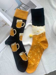 2 Pairs Men's Music Cartoon Guitar And Beer Print Stylish Crew Socks, Holiday Gift Socks