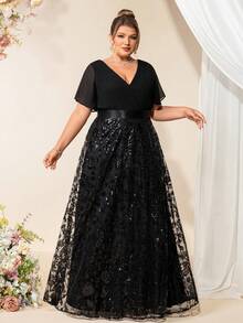 Váy phù dâu cổ chữ V tay cánh bướm đính sequin thanh lịch cỡ lớn mùa xuân, váy dạ hội, váy dự tiệc cưới trang trọng, dự tiệc tốt nghiệp, tiệc tối - màu đen - Xem 4
