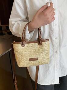 1Pc Summer Vacation Beach Bag, Pastoral Style Hand-Held Straw Bucket Bag For Women 2025 Spring New Style Niche Contrast Color Stylish Crossbody Woven Bag - Apricot - View 2