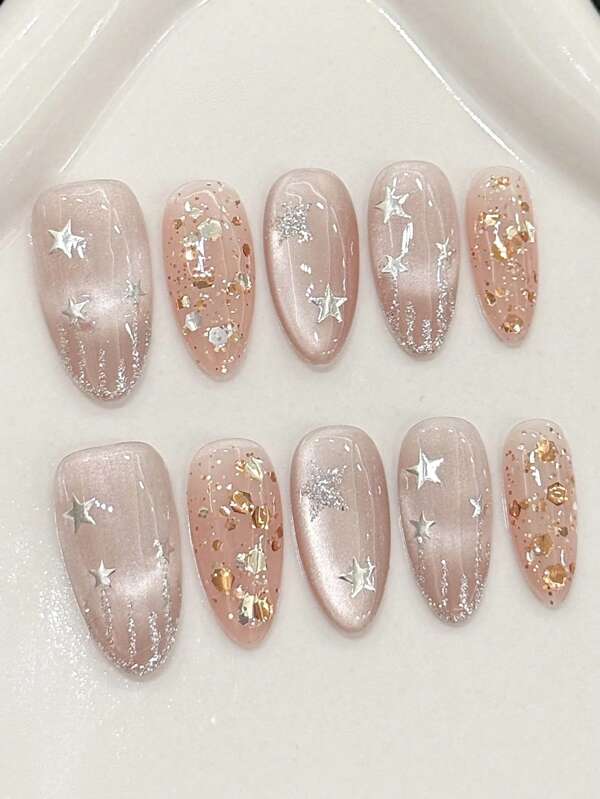 10 PIEZAS Pegatinas de uñas de estilo barroco brillante con forma de lágrima, estrella, luna y hada, decoradas con purpurina, de estilo europeo y americano, en forma de almendra media/larga, de color champán, con diseño 3D pintado a mano de luna cósmica, destello solar y ojo de gato, de alta calidad, desmontables y reutilizables