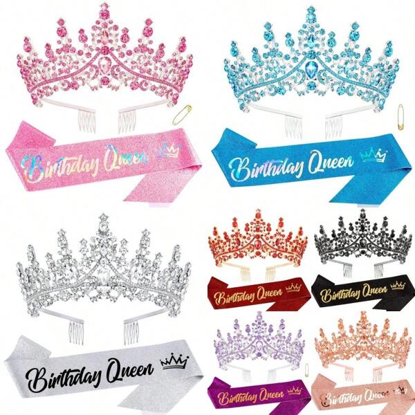 1 Set de faja de cumpleaños, corona y diadema de cumpleaños colorida de reina para mujeres - Set de diadema y faja de reina de cumpleaños, corona de cumpleaños con cristales, decoraciones de cumpleaños para mujeres adultas, Navidad