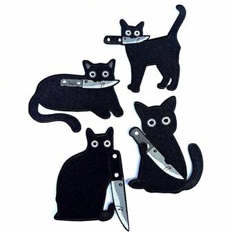 4pcs Black Embroidered Knife Cat Cloth Stickers, Fabric Patches Decoration For Clothes, Bags, Hats, 8.99cmx8.99cm