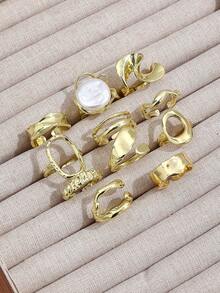 11 Peças Anéis de Moda Oversized de Forma Geométrica Suave, Anéis Femininos Clássicos de Estilo Retrô Vintage na Cor Dourada - Dourado - Visão 4