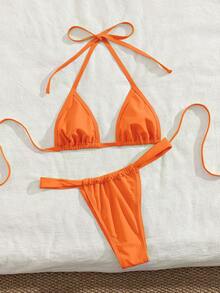 Bộ bikini tam giác mini màu trơn mới, kiểu buộc dây cổ trước, thanh lịch và gợi cảm, thích hợp cho các bữa tiệc, đi biển, nghỉ mát mùa hè dành cho nữ. - trái cam - Xem 4