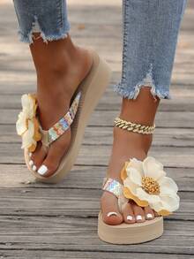 1 Pair Casual Embellished Flip Flops, Beach Wedge Sandals For Summer - Yellow - View 4