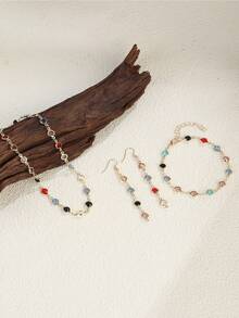 4pcs Women Geometric Circle Colorful Rhinestone Necklace, Bracelet, Tassel Earring Set - Random Rhinestone Colors - Multicolor - View 2