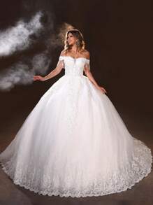 Elegant Princess Style Wedding Dress, Decorated With Handmade Beaded Embroidery - Beige - View 2