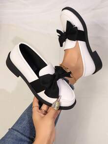 Women's Thick Sole Platform Loafers, Pointed Toe, Lace Up, Flatform, Oxford Style, Low Heel, Bowknot, Fashion Casual Shoes For Spring/Autumn - White - View 7