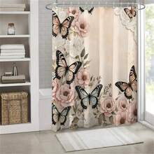 1 pieza Cortina de ducha con estampado de mariposa rosa - 100% tela de poliéster, lavable a máquina, decoración de baño para todas las estaciones, patrón vibrante de flores y mariposas, adecuado para baños modernos, fácil instalación, accesorio de baño de otoño, esencial para volver al colegio - Multicolor - Ver 6