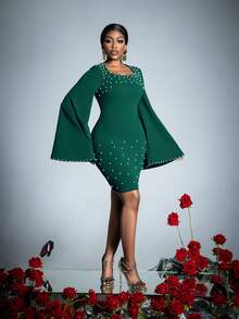 Elegant Solid Color Party Dress, Adorned With Pearl Accents And Cape Sleeves - Perfect For Weddings, Red Carpet Events, Luxury Galas, Festivals, And Cocktail Parties - Dark Green - View 7
