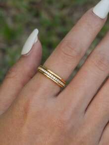 3pcs/Set S925 Pure Silver CZ Stone Band Rings, Women Layering Rings For Party, Engagement, Daily Wear, Valentine's Gift, Wedding Season - Gold - View 6